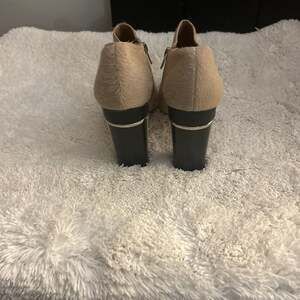 Calvin Klein Peep Toe Tan Faux Fur Ankle Boots with Silver Trim Block Heel